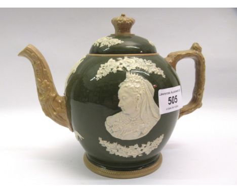 Copeland late Spode Jasperware type teapot in green, brown and white, decorated in high relief with Queen Victoria and Royal 