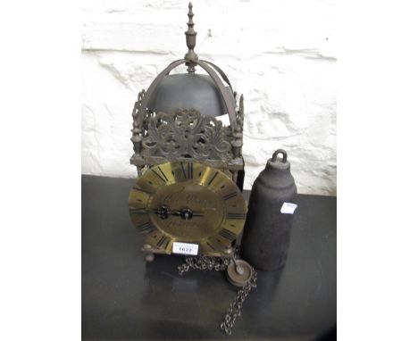 Reproduction brass lantern clock, bearing signature Thomas Moore, Ipswich, with a weight driven movement and pendulum