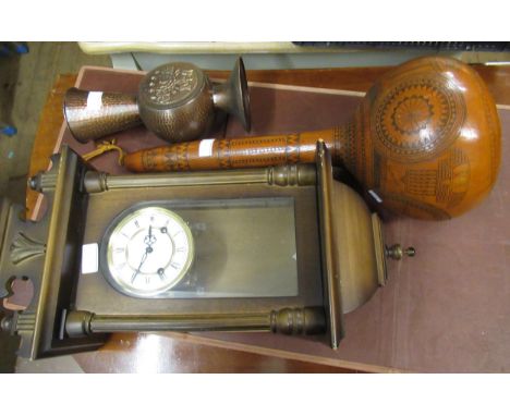Reproduction mahogany Vienna type wall clock, ' Souvenir of Cyprus ' etched gourd, beaten copper vase and a 19th Century pain