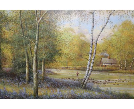 Paul R. Morgan, pair of oils on canvas board, river landscapes, fisherman, cottage, and stags in a river landscape, both sign