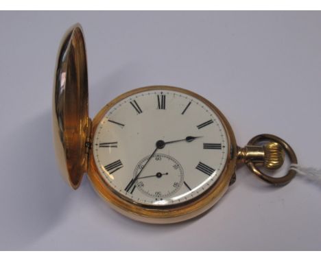 18ct Gold cased full hunter pocket watch, the enamel dial with Roman numerals and subsidiary seconds, with a keyless movement