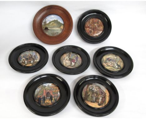 Collection of thirty one 19th Century Prattware pot lids in turned wooden frames, together with a pair of 19th Century Prattw