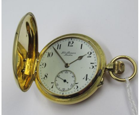 J.W. Benson, ' The Field ', good quality 18ct gold cased crown wind hunter pocket watch, the enamel dial with Arabic numerals