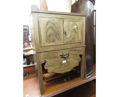 George III mahogany tray top commode with two panel doors above a pull-out base on square cut supports, 56cm wide