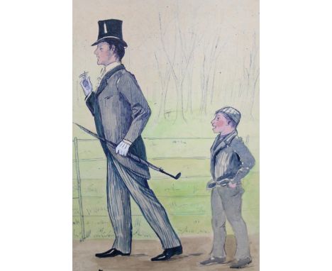 Ink and watercolour sketch, caricature of a  gentleman and young boy, together with a photograph of Divisional Signal Company