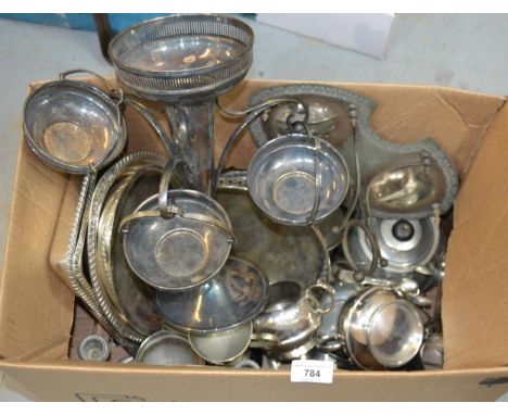 Box containing a quantity of various silver plated items incuding an epergne etc.