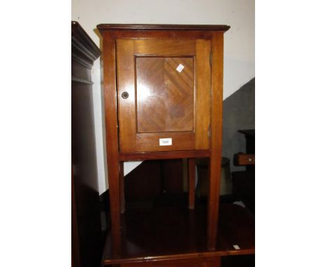 Mahogany single door bedside cabinet on square tapering supports, 40 x 37 x 75cm (at fault), together with a painted trunk ha