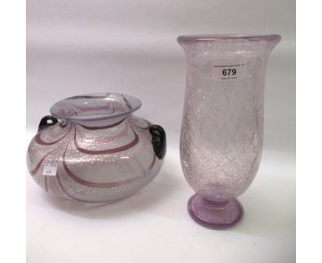 Schneider pink crackle glass vase, 26cm high, together with another art glass two handled squat baluster vase, possibly Itali