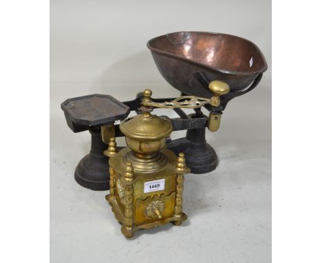 Brass coffee grinder and a pair of iron scales with copper pan