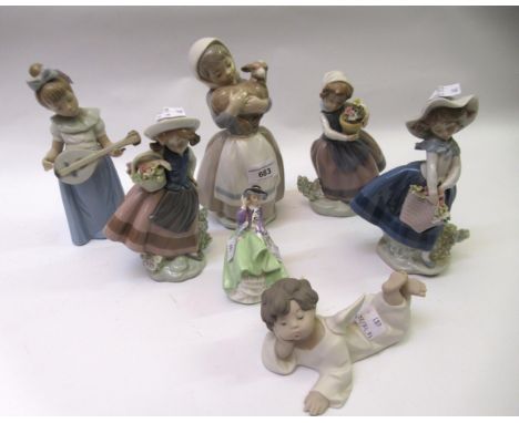 Group of four various Lladro figures of children, two Nao figures, and a Royal Doulton miniature figure ' Top of the Hill '