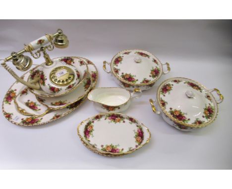 Royal Albert Old Country Roses pattern brass and ceramic telephone, together with a pair of matching tureens with covers, sau