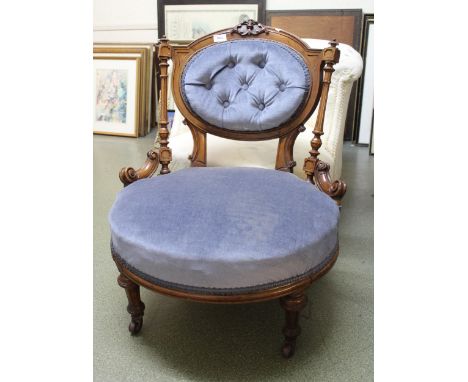 Victorian walnut and button upholstered low seat nursing chair with turned supports, together with an Edwardian walnut octago
