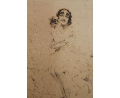 Signed etching of a seated girl holding a dog, numbered 10 of 100, indistinctly signed in pencil (foxed), 30cm x 24cm,togethe