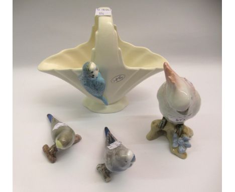 Small Royal Dux figure of a cockatoo, two Copenhagen figures of budgerigars, and a Sylvac pottery basket mounted with a figur