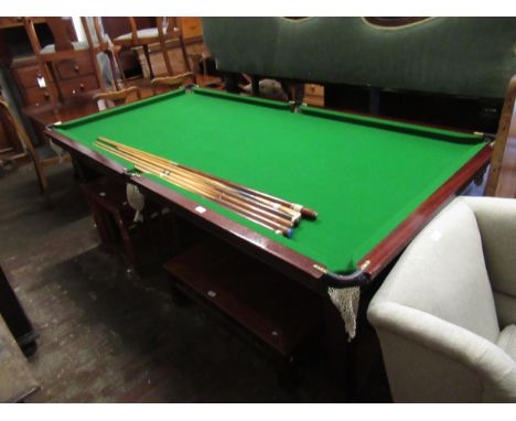 Mahogany quarter size snooker table with various cues and balls etc., 225 x 118cm, on square tapering supports