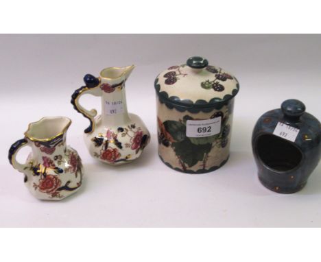 Two miniature Masons Mandalay jugs, Wemyss blackberry pot and a lustre pot by Robert Goldsmith