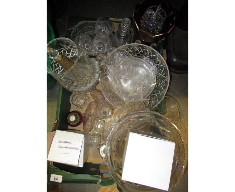 Various items of cut glass, including a ruby glass lustre, pair of pressed art glass baskets, and a cranberry glass perfume b