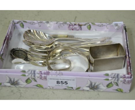 Set of six silver pastry forks, silver bangle, three preserve spoons, napkin ring and a pair of tongs, together with a Victor