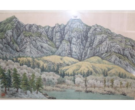 Chinese woodcut on linen mountain landscape study, signed with red seal mark and two characters, 52 x 86cm, framed (at fault)