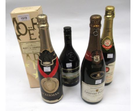 Three bottles of Champagne, Moet &amp; Chandon, Laurent Perrier, and Ackerman, one bottle Carmel sparkling wine and one bottl