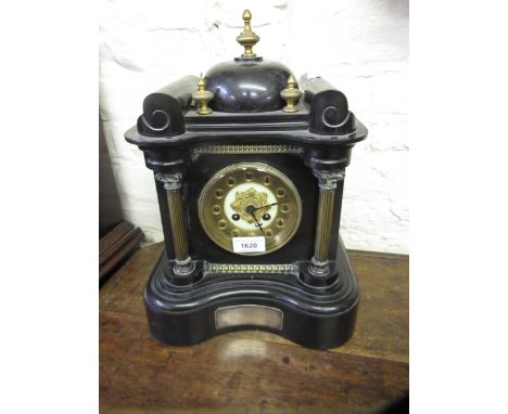 19th Century black slate two train mantel clock, 35cm high, together with a small ebonised two train mantel clock with metal 