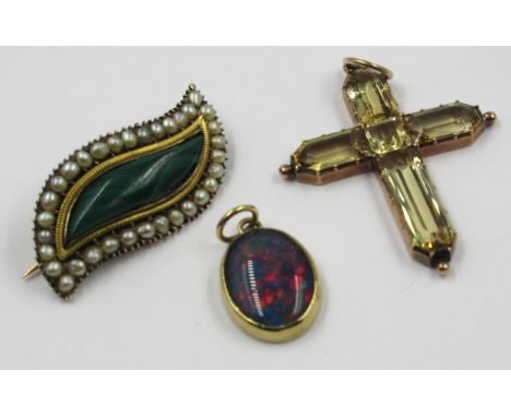 Gold citrine set pendant cross, together with a gold malachite and seed pearl brooch and a small opal doublet pendant