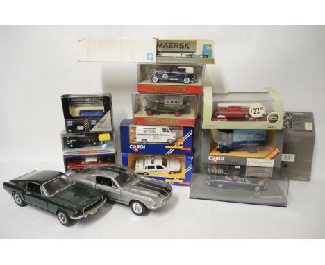 Two 1/18th scale diecast metal model vehicles, '68 Ford Shelby and Ford Mustang, together with a small quantity of other diec