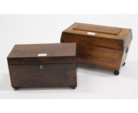 19th Century rosewood sarcophagus shaped three division tea caddy, together with 19th Century mahogany three division tea cad