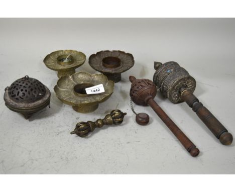 Tibetan bronze dorge, two Buddhist prayer wheels and four various incense burners / candlestandsVarious dents and scratches, 