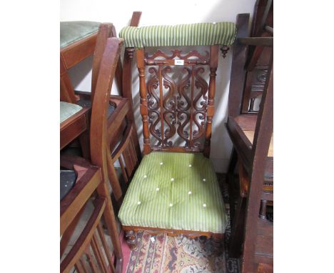 Victorian mahogany and button upholstered low seat prie dieu chair with pierced back, an Edwardian mahogany and marquetry inl