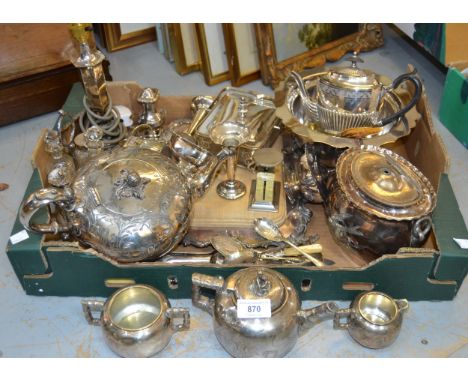 Collection of miscellaneous silver plate to include three piece tea service in Japanesque style, Victorian teapot, trays, con