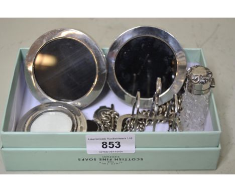 Two silver curb link watch chains, miniature toast rack three miniature photograph frames, perfume bottle and a thimble