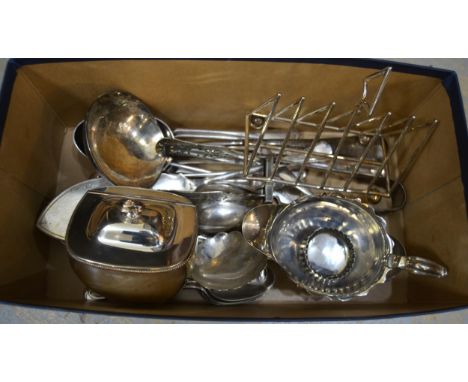 19th Century Sheffield plate teapoy, plated sauce boat, toast rack and miscellaneous other items of silver plate etc.