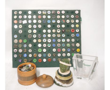 Large collection of mainly enamel decorated golf club ball markers mounted to a card, together with a further quantity of loo