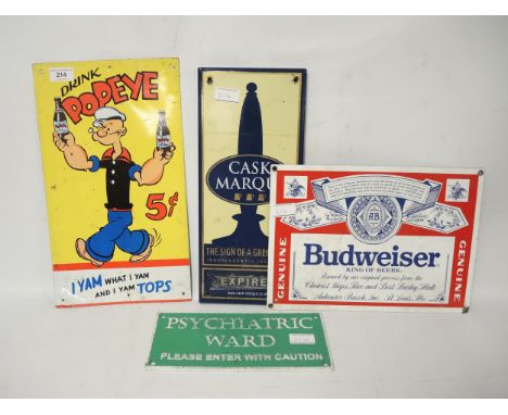 Group of four various reproduction enamel signs,  Popeye, Cast Marque, Budweiser and Psychiatric Ward
