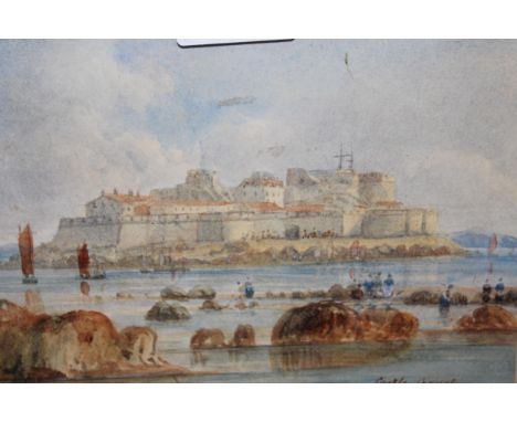 Small framed watercolour, view of Castle Cornet, Guernsey, 1838, together with another, Dutch bark and Swedish schooner near 