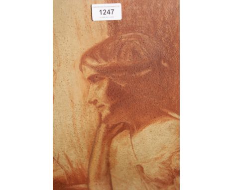 20th Century sanguine sketch of a woman by a window, 30cm x 21cm