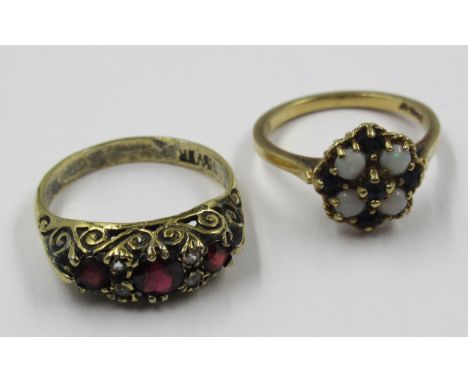 9ct Gold sapphire and opal cluster ring, size K, 2.3g, together with a silver gilt half hoop ring