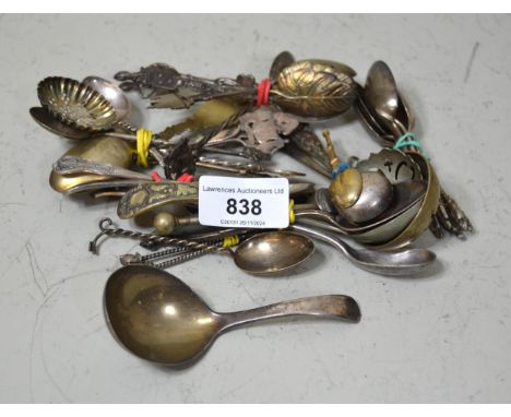 19th Century silver caddy spoon, together with a quantity of various silver and silver plated commemorative spoons