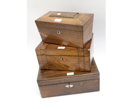 19th Century rosewood mother of pearl inlaid fold-over writing box with fitted interior, together with a rosewood sarcophagus
