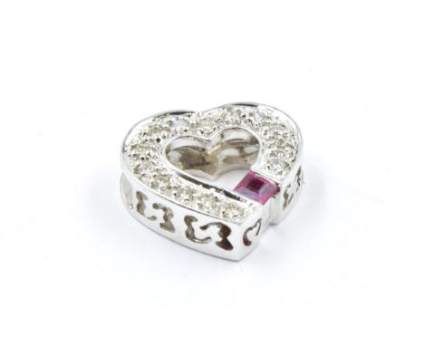 18ct White gold, ruby and diamond set heart shaped pendant, gross weight 2.3g
