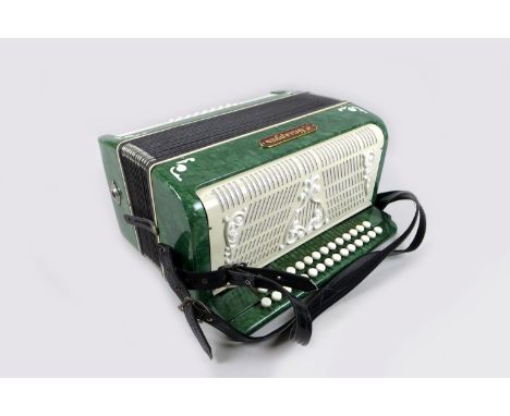 A Russian 20th century Bayan diatonic button accordion with case, in working condition. 