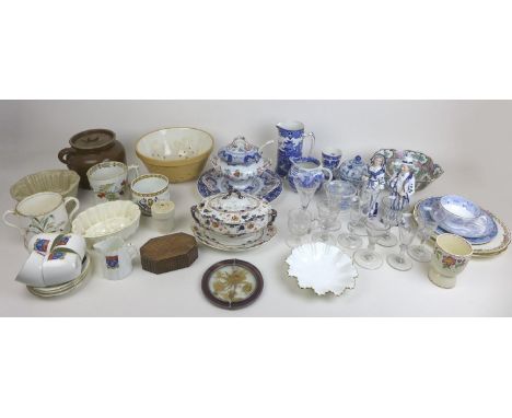A collection of mixed china and glassware, including A Victorian Mintons blue and white Chinese design plate, various Willow 