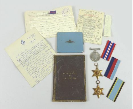 A group of WWII medals for 920295 Pilot Officer Denny Lake RAF including an Aircrew Europe Star, 1939-1945 Star, War medal, a