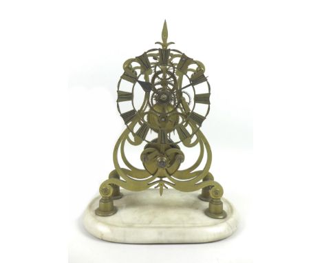 A 19th century brass skeleton clock with fusee movement, on marble base with pendulum and key, unsigned, without glass globe,