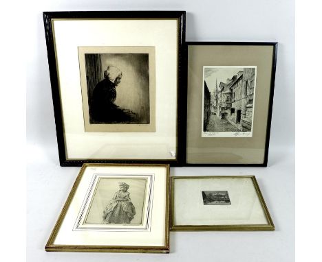A group of four etchings, comprising two by Percy Lancaster (1878-1951): 'Old Age', limited edition, numbered 13/30, signed,2
