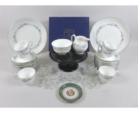 A group of ceramics and glass wares, including a part Wedgwood Boleyn pattern tea set, small leaf shaped clear glass dishes, 