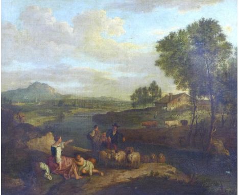 Italian School (18th century): a rural scene with figures in a landscape, in portrait format, with attribution plaque to fram