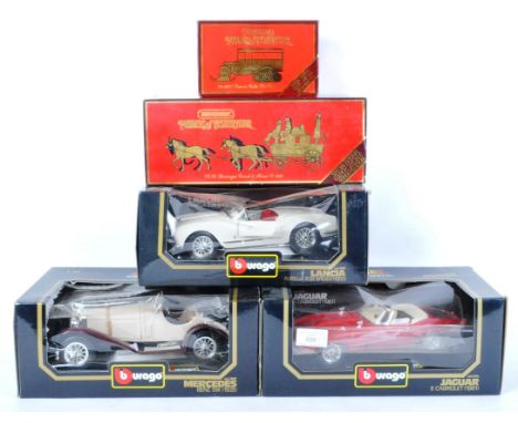 A collection of x5 boxed Burago 1/18 scale and Matchbox ' Models of Yesteryear ' diecast model cars to include; Burago Merced