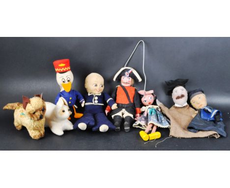 A collection of assorted vintage childrens wooden and soft toys to include; a 1930's Farnell Sailor, a believed Chiltern made